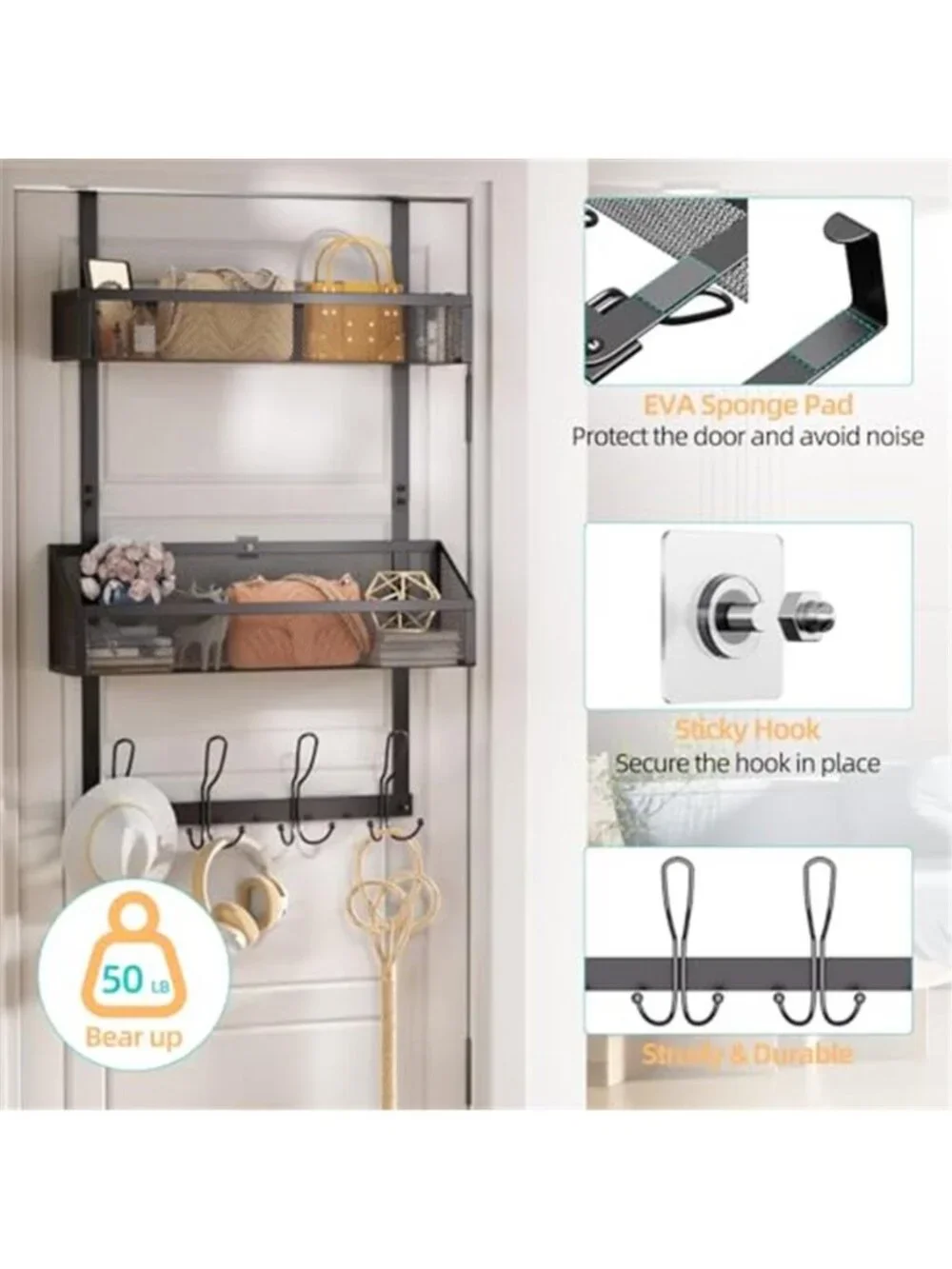 Over Door Organizer Hooks Baskets Bathroom Pantry Storage Rack No Drill